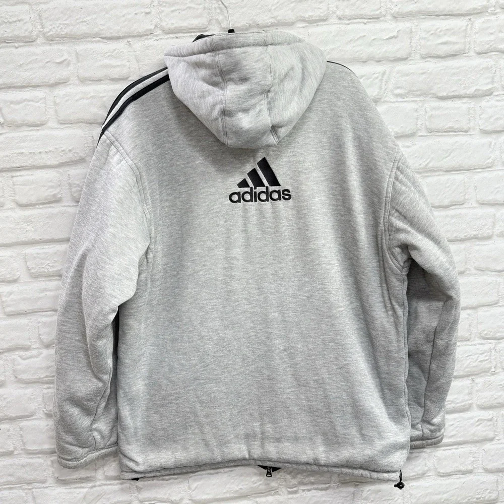 Vtg Adidas Men's M/L Black Gray Reversible Jacket 3 Stripe Logo Hooded Coat 90's